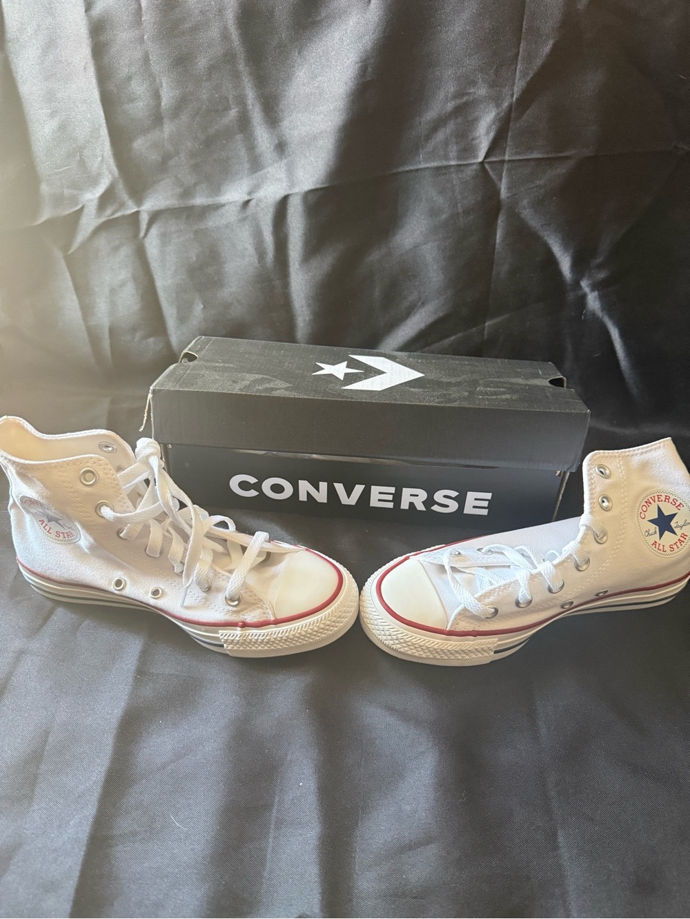 New Converse 6.5 Women’s White High-Top Chuck Taylor Sneakers with Red Accent